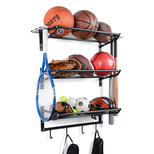XCSOURCE Sports Equipment Organizer, 3-Tier Ball Storage Rack with Bat & Racket Holders, Wall Mounted Garage Sports Gear Storage Shelf with 4 Hooks for Balls, Helmets & Accessories (Matte Black) - color: Black
