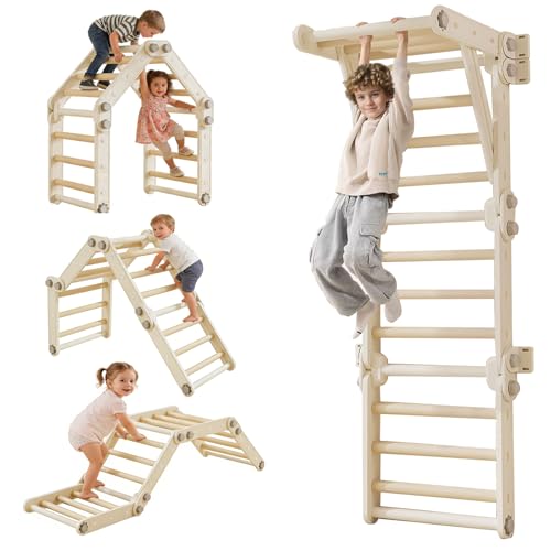 Kids Climbing Toys, Pikler Triangle Set Foldable Indoor Gym (Gray) | Indoor jungle gym, Montessori climber for toddlers, Converts to wall ladder, Safe HDPE, 220lb load, Growth gift for ages 1-6+ - color: Gray