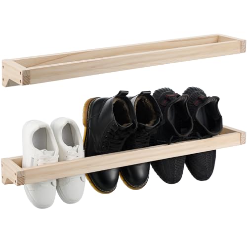 Wenqik 2 Pcs Wall Mounted Wooden Shoe Rack 30 Inch Rustic Wood Wall Hanging Shoe Rack Space Saving Footwear Holder Shoes Storage Organizer for Mudroom, Entryway, Closet (Wood Color) - color: Wood Color
