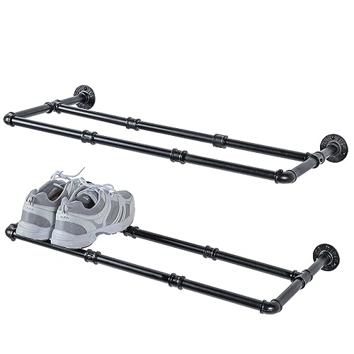MyGift Set of 2 Industrial Matte Black Metal Pipe Hanging Shoe and Boot Rack Shelves, Wall Mounted Space Saving Footwear Storage for Closet, Mudroom, Entryway, Holds 6 Pairs - size: 27 Inch
