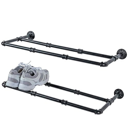 MyGift Set of 2 Industrial Matte Black Metal Pipe Hanging Shoe and Boot Rack Shelves, Wall Mounted Space Saving Footwear Storage for Closet, Mudroom, Entryway, Holds 6 Pairs - size: 27 Inch