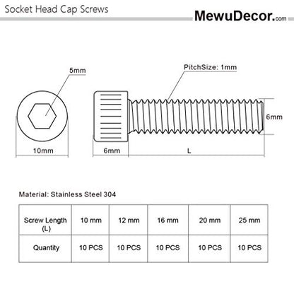 50 PCS Socket Head Cap Screw Assortment Set, M6 x 10mm, 12mm, 16mm, 20mm, and 25mm, 18-8 Stainless Steel 304, Bright Finish - size: Assortment 10mm to 25mm