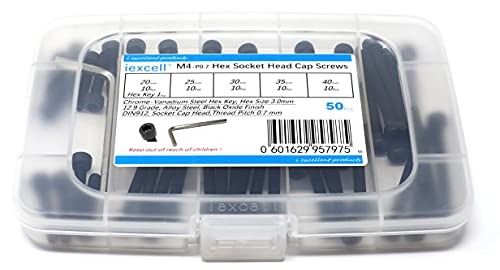 iexcell 50 Pcs M4 x 20/25/30/35/40 Alloy Steel 12.9 Grade Hex Socket Head Cap Screws Bolts Assortment Kit, Black Oxide Finish - size: M4 x 20/25/30/35/40mm