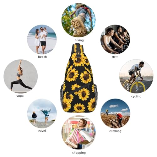 Sunflower Crossbody Sling Bag for Women Men Cute Yellow Flowers on Black Background Travel Sling Backpack Casual Chest Shoulder Bag Lovely Summer Floral Print Gym Sports Hiking Daypack - color: Yellow Black