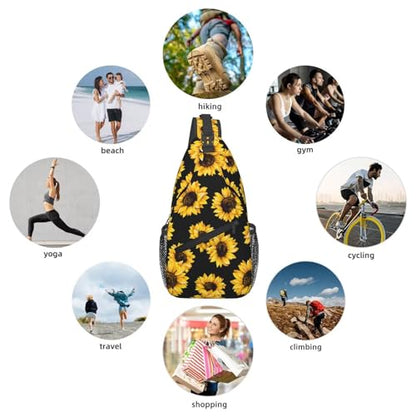 Sunflower Crossbody Sling Bag for Women Men Cute Yellow Flowers on Black Background Travel Sling Backpack Casual Chest Shoulder Bag Lovely Summer Floral Print Gym Sports Hiking Daypack - color: Yellow Black