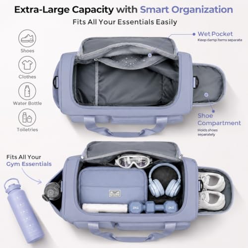 FIORETTO Women's Gym Duffle Bag with Shoes Compartment, 30L Capacity, Ideal for Travel, Gym, Sports, Duffel, Weekender - color: Grayish Blue, style: Gym Bag With Toiletry Bag