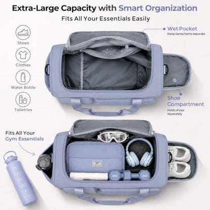 FIORETTO Women's Gym Duffle Bag with Shoes Compartment, 30L Capacity, Ideal for Travel, Gym, Sports, Duffel, Weekender - color: Grayish Blue, style: Gym Bag With Toiletry Bag
