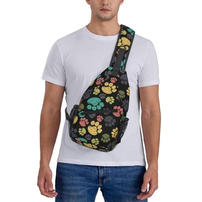 Colorful Paw Print Crossbody Sling Bags for Women Men Rainbow Puppy Dog Paws Doodle Style Travel Sling Backpack Casual Chest Shoulder Bag Cute Animal Footprint Gym Sports Hiking Daypack - color: Green Yellow
