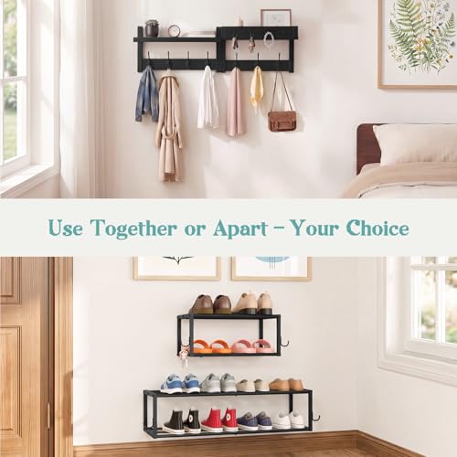 4 Pack Wall Coat Rack with Shoe Rack, 2-in-1 Coat and Shoe Rack Entryway | Adjustable Hanging Shoe Rack Holds 16 Pairs with Hooks, Wall Mounted Coat Rack Space Saving for Hallway Closet Bedroom, Black - size: shoe and coat rack