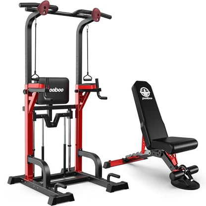 Pooboo Power Tower Dip Station Pull Up Bar for Fitness Home Gym Workout,450 Pounds Multi-Function Adjustable Height Fitness Strength Training Exercise Equipment,with Power Elastic Ropes - color: Black11