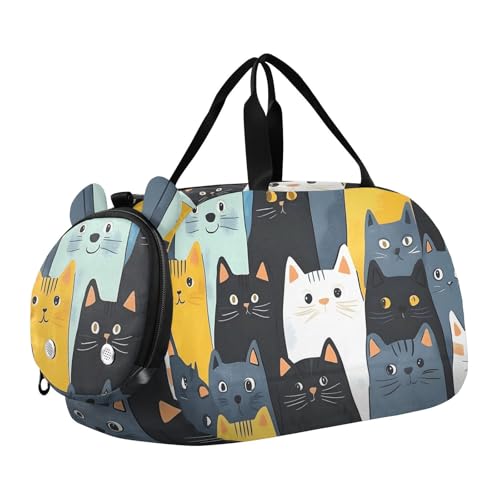 Kids Sports Duffel Bag for Boys & Girls - Cartoon Cat Patterns 100% Polyester Gym Bag with Separate Shoe Compartment, Adjustable Shoulder Strap, Compact Travel & Workout Gear Bag - color: Cartoon Cat Patterns