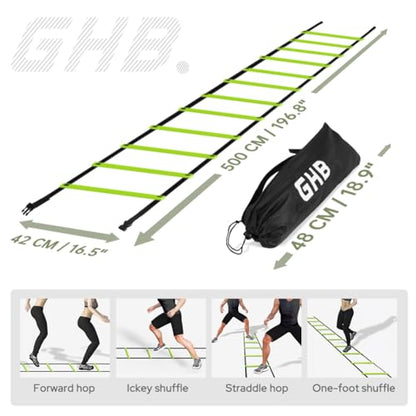 GHB Agility Ladder 1 Pack and Hex Agility Rings 1 Pack 12 Rung 20ft with 3 Carrying Bag