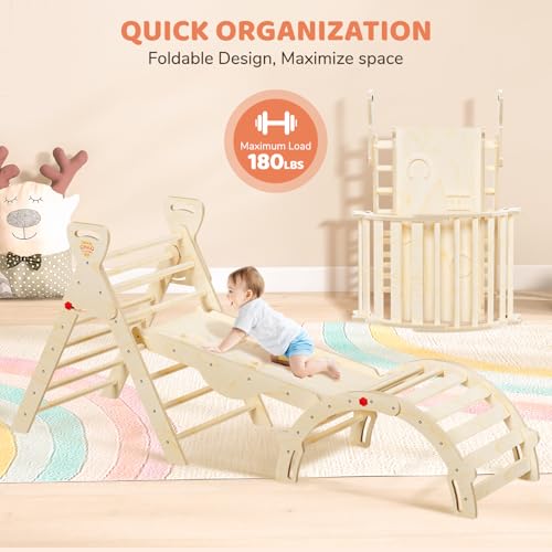 Pikler Triangle Set with Cushion, Wooden Toddler Climbing Toys Indoor | 8-in-1 Montessori jungle gym, foldable pikler triangle and wooden arch, birch plywood & beech round pole - color: Wood