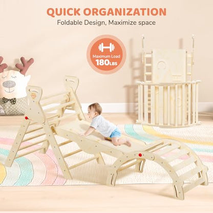 Pikler Triangle Set with Cushion, Wooden Toddler Climbing Toys Indoor | 8-in-1 Montessori jungle gym, foldable pikler triangle and wooden arch, birch plywood & beech round pole - color: Wood