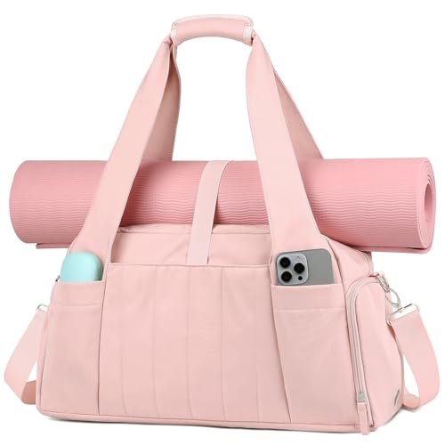 Marvolia Gym Bag for Women with Yoga Mat Holder, Sports Duffle Bag for Travel with Shoes Compartment, Tote Bag with Wet Pocket for Yoga Workout, Dance - color: Pink