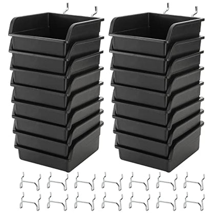 Foraineam 16 Pack Pegboard Bins with Metal Hooks, Black Garage Workbench Bins Cups Peg Board Accessories Kit, Pegboard Tools Organizer for Hardware, Workshop, Craft Room, Tool Shed, Hobby Supplies