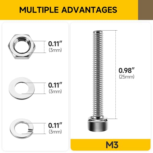 Mywish (100Sets) M3 Screw Kit, M3 x 25mm Socket Head Cap Screws Bolts, 304 Stainless Steel Allen Socket Hex Drive Bolts, Bright Finish M3 Screws with Nuts and Washers & Hex Spanner - size: M3 x 25mm