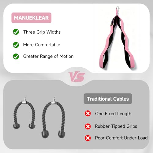 MANUEKLEAR 3 Grip Lengths in 1 Tricep Rope Cable Attachment with Ergonomic Handles, Greater ROM for Tricep Push Down Attachment Professional Gym Rope for Overhead Extension - color: Pink