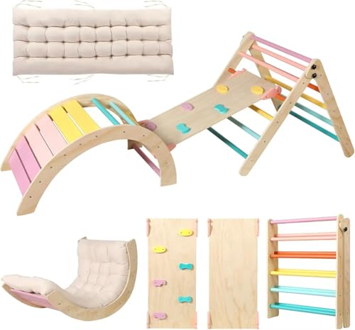 Pikler Triangle Set with Cushion Large, 5 in 1 Toddler Climbing Toys Indoor | Foldable Space-saving Design, Montessori-inspired Learning, Reversible Slide & Ramp, ASTM F963 Standards for Toddlers 18M-5Y - color: Color-b