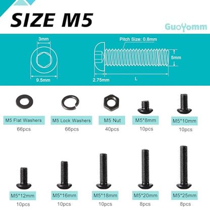238 PCS M5 x 8mm 10mm 12mm 16mm 18mm 20mm 25mm, Button Head Socket Cap Screws Bolts Washers Nuts Assortment Kit, 10.9 Grade Alloy Steel, Black Oxide Finish, Metric Allen Hex Drive - size: Button M5x8/10/12/16/18/20/25 mm