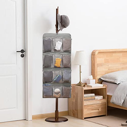 Dual Sided Hanging Shoe Organizer for Closet with Rotating Hanger Hanging Shoe Rack Holder with 24 Large Pockets (Grey-Mesh Pockets) - color: GREY-MESH