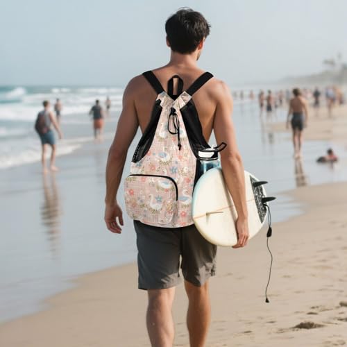 Drawstring Bags For Men Women Climbing Gym Bag With Inside Pockets Cinch Bags Waterproof Peach Spring Plaids Swan