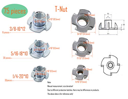 LBY 75-Piece T-Nut Assortment Kit (1/4", 5/16", 3/8") - Four-Claw Design, Carbon Steel, Galvanized (Silvery)