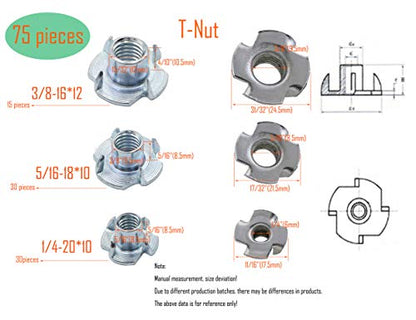 LBY 75-Piece T-Nut Assortment Kit (1/4", 5/16", 3/8") - Four-Claw Design, Carbon Steel, Galvanized (Silvery)