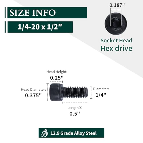 1/4-20 x 1/2" Socket Head Cap Screws Bolts, 12.9 Grade Alloy Steel, Black Oxide Finish, Allen Hex Drive, Full Thread, 50 PCS - size: 1/4-20 x 1/2"