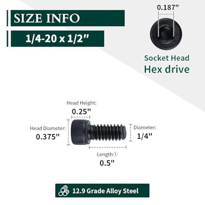 1/4-20 x 1/2" Socket Head Cap Screws Bolts, 12.9 Grade Alloy Steel, Black Oxide Finish, Allen Hex Drive, Full Thread, 50 PCS - size: 1/4-20 x 1/2"