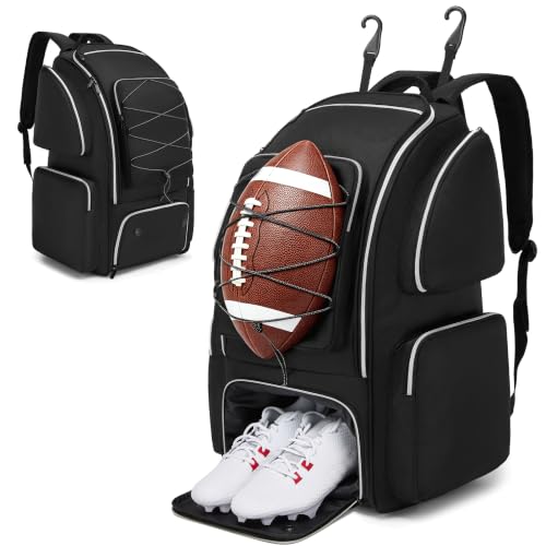 Football Backpack Bag with Separate Shoe Compartment, Large Capacity Sports Gear Bag with Multiple Pockets, Fence Hook & Padded Shoulder Straps, Durable Sports Duffel for Youth and Adult Players