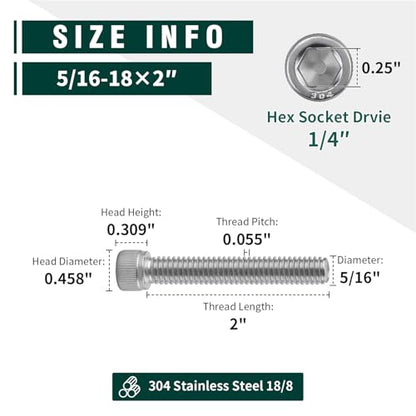 5/16-18 x 2" Socket Head Cap Screws, 304 Stainless Steel (18-8), Full Thread, Machine Screws for DIY, Machinery, Electronics, 10-Pack - size: 5/16-18 x 2"