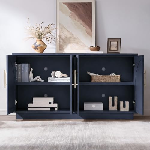 Fatmok 59" Sideboard Buffet Cabinet & TV Stand Set of 2, Modern Arched Credenza with Adjustable Shelves and Long Metal Handles, Wood Console Coffee Bar Storage for Living Room, Blue - color: Aa-blue
