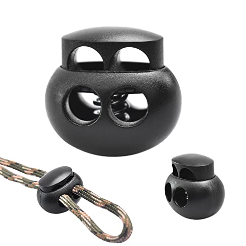 25pcs Spring Cord Lock End Stopper Fastener Slider Toggles Clip Double Hole Round Plastic for Drawstrings Lanyard Paracord Elastic Bungee Shock Cord Rope Shoe Lace Tie Locks Shoelace Lace Lock - color: 01#: Black 25pcs