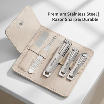 Nail Clippers for Men, 5pcs Professional Manicure Set with Sharp Slanted German Clippers, Stainless Steel Travel Pedicure Tools for Precise Hand Foot and Nail Grooming in Portable Leather Case