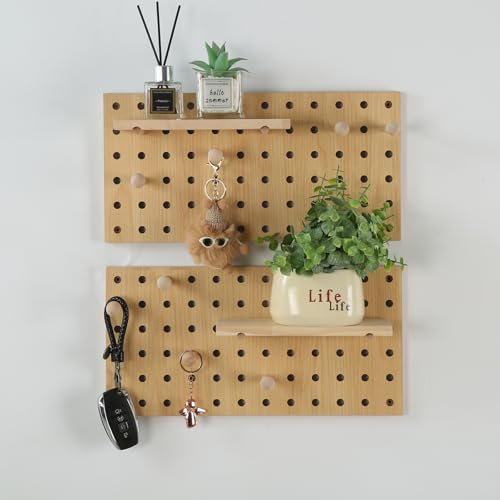 2 Pack Beige Wooden Pegboard Modular Wall Organizer | Includes hooks & shelf, multi-use for home/office/bathroom/laundry room - color: Begie