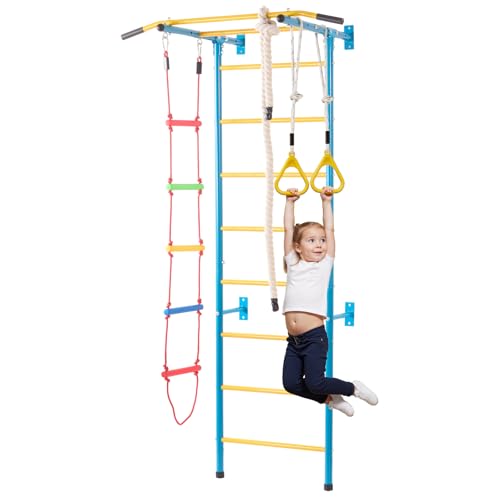 VEVOR Indoor Jungle Gym for Toddlers, 5-in-1 Climbing Playset with Carbon Steel Swedish Ladder, Wall Ladder, Pull-Up Bar, Rope Ladder, and Gymnastic Rings, Supports 220 lbs, Multicolor - style: 5-in-1