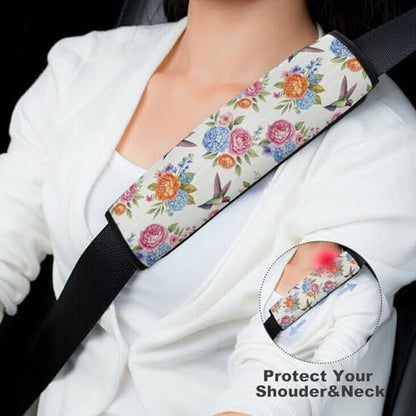 2PCS Retro Hummingbird Spring Flower Birds Car Seat Straps Shoulder Pads Soft Padded Seat Belt Cushion for Adult Use, Car Seats Pushchair Strollers High Chair Pushchair, Anti-Slip Pad - color: Pattern 494