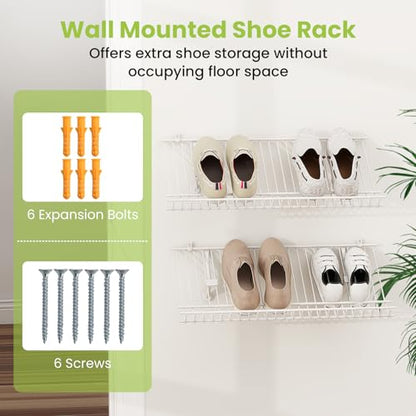 Tangkula 2 Pack Wall Mounted Shoe Rack, Sloping Shoe Organizer with Heightened Edge & Strong Brackets, Hanging Shoe Shelves for Entrance, Hallway, Bedroom, Space Saving