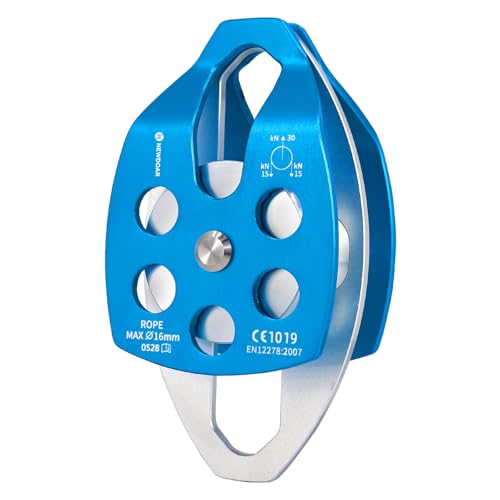 NewDoar 30 KN CE Certified Large Rescue Pulley Single/Double Sheave with Swing Plate - color: Double Pulley - Blue 1pcs