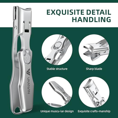 German Nail Clippers for Men Thick Nails, VANWIN Toenail Clippers for Seniors Large Wide Jaw Opening, Heavy Duty No Splash Fingernail Clipper with Safety Lock Nail Clippers with Catcher for Women - style: Silver