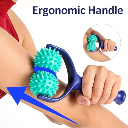 Spiky Massage Balls Rollers with Dual Ball Design, Manual Massage Stick | Lightweight and Portable Point Muscle Massages Tool with Ergonomic Handle, Pain Relief for Back Neck Shoulder Leg - color: Green