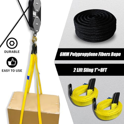 YATOINTO Rope Hoist Pulley System, 4400LB Pulley Block and Tackle, 8:1 Ratio Lifting Power 65ft, Heavy Duty Pulley Block for Lifting Pulling (with 2PCs Straps) - color: black, size: UPGRADED-4wheels+2pcs straps
