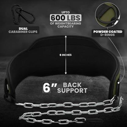 RDX Dip Belt for Weight Lifting, Heavy Duty 36 Inch Adjustable Steel Chain, Dipping Belt Chin Pull Ups Gym Training Bodybuilding Powerlifting Fitness Workout, 6” Padded Neoprene Back Support Men Women - color: Army Green
