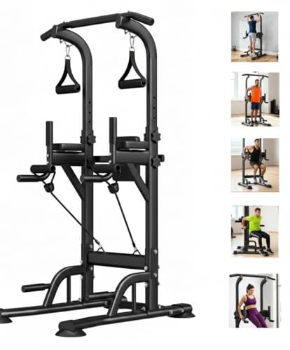Freestanding Power Tower Dip Station, Adjustable Pull Up Bar for Home Gym with Backrest & Resistance Bands, 450 LBS Heavy Duty Multi-Function Calisthenics Workout Equipment for Adults & Teens