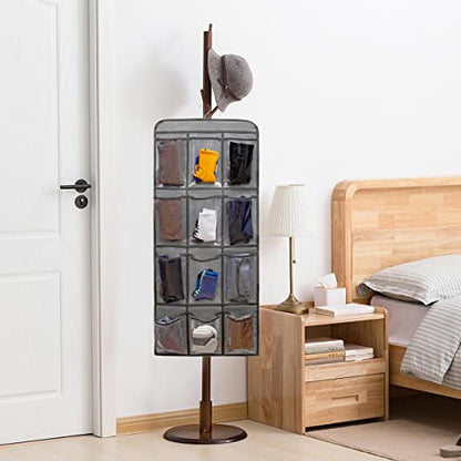 Dual Sided Hanging Shoe Organizer for Closet with Rotating Hanger Hanging Shoe Rack Holder with 24 Large Pockets (GREY-Clear Pockets) - color: GREY