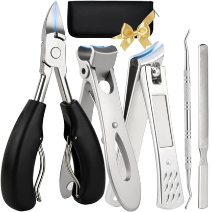 5Pcs Ingrown Toenail Removal Kit, Thick Toenail Clippers for Seniors, Heavy Duty Toenails Clippers for Men, Slanted Nail Clipper with Long Handle, Angled Head Toe Nail Clipper Senior Gift (Silver) - size: 5Pcs Nail Clippers Set-silver