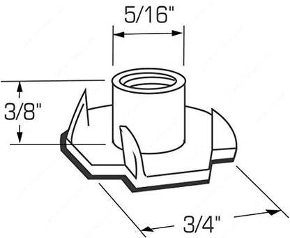 1/4inches-20 T Nuts - 4 Prongs - Zinc Plated -for Cabinetry, Rock Climbing Walls, Woodworking, etc. - .25 Dia. - 50 pcs. - size: 50