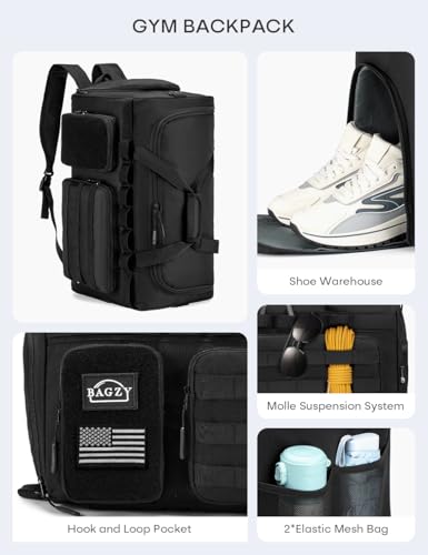 Tactical Gym Bag for Men 50L Sports Duffel Bags 3 in 1 Travel Duffel Bag with Shoe Compartment Workout Backpack Carry on Luggage 22x14x9 Airline Approved for Overnight Weekender Travel Black - style: 50l-black