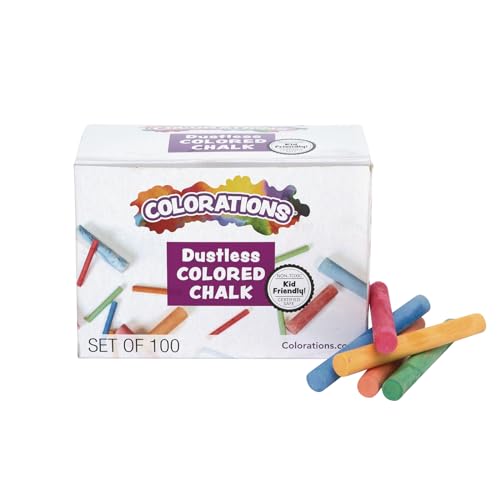 Colorations CNODUST Dustless Colored Chalk, Value, Multi-Colored, for Kids, Classroom, Learning, Drawing, Create, Play, Non-Toxic, 3 inches x 3/8 inch, Assorted, 100 Count (Pack of 1) | Ages 4+, PreK+, Non-Toxic 3" x 3/8" Chalk for Kids, Classroom Learnin